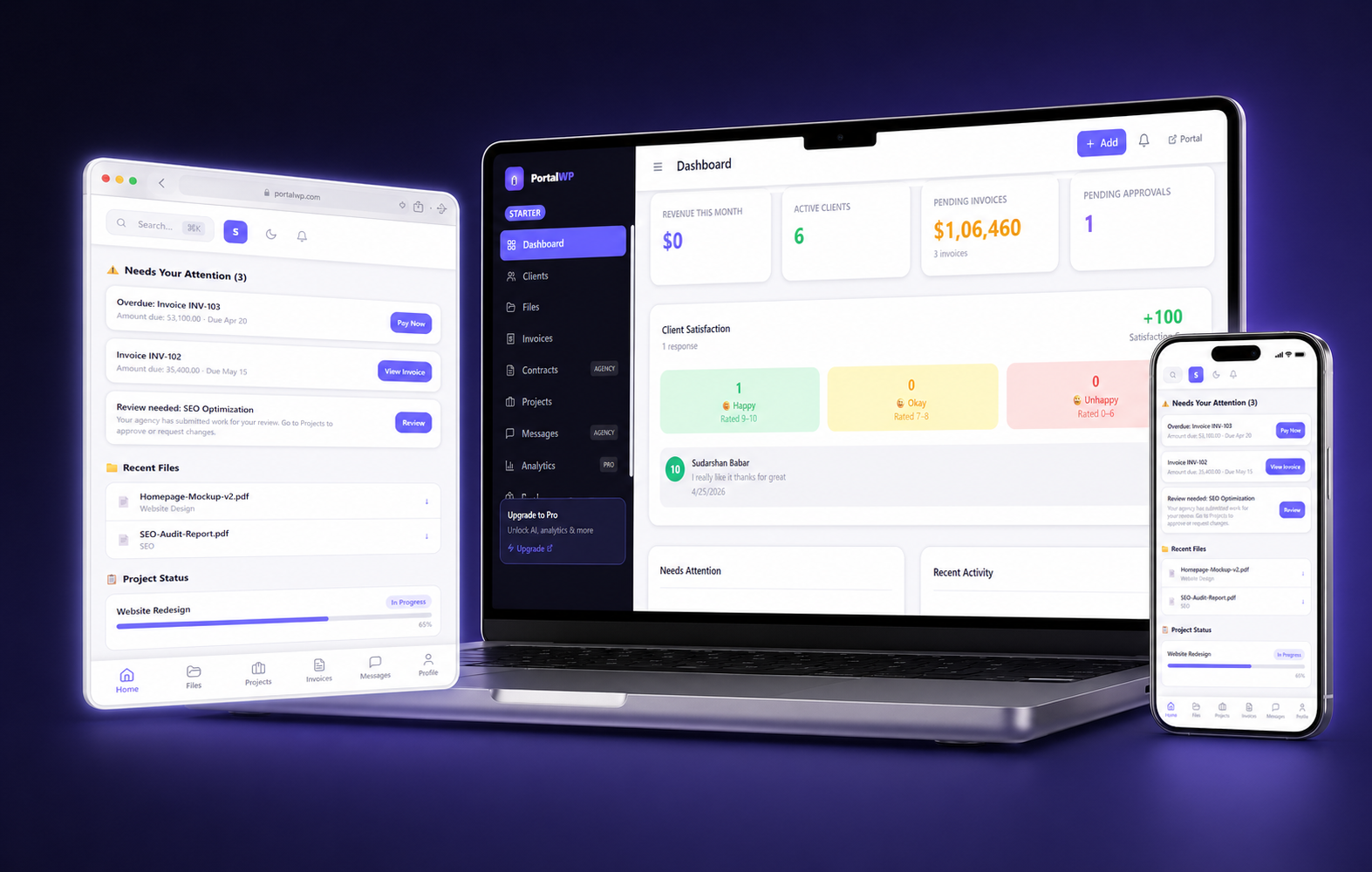 PortalWP client dashboard showing invoice, contract and files